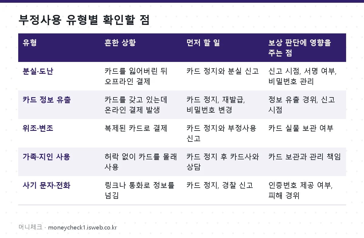 부정사용 유형별 확인할 점 표를 그림으로 정리한 이미지